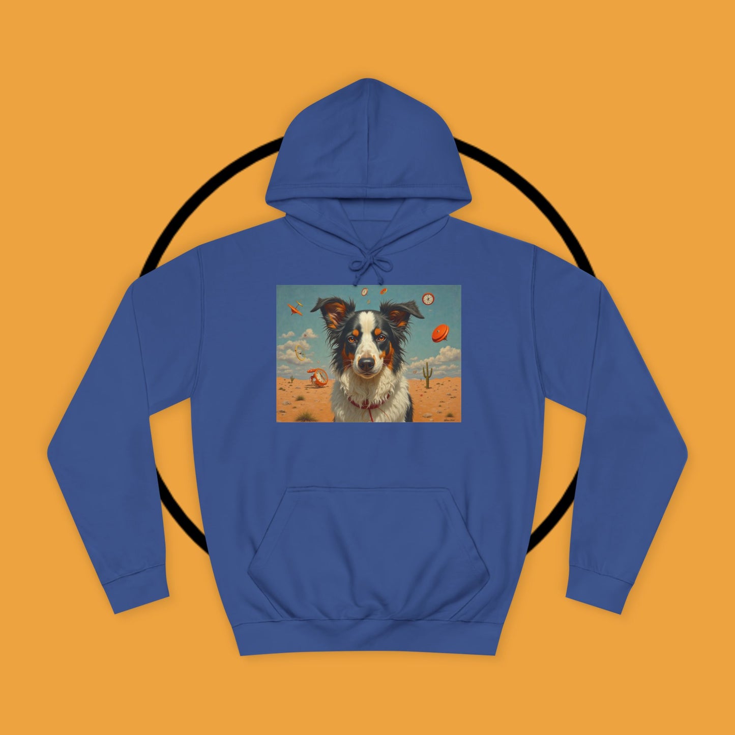 "Surreal Border Collie Time Desert Hoodie - Flying Clocks Artistic Dog Sweatshirt | Dreamlike Fantasy Design"