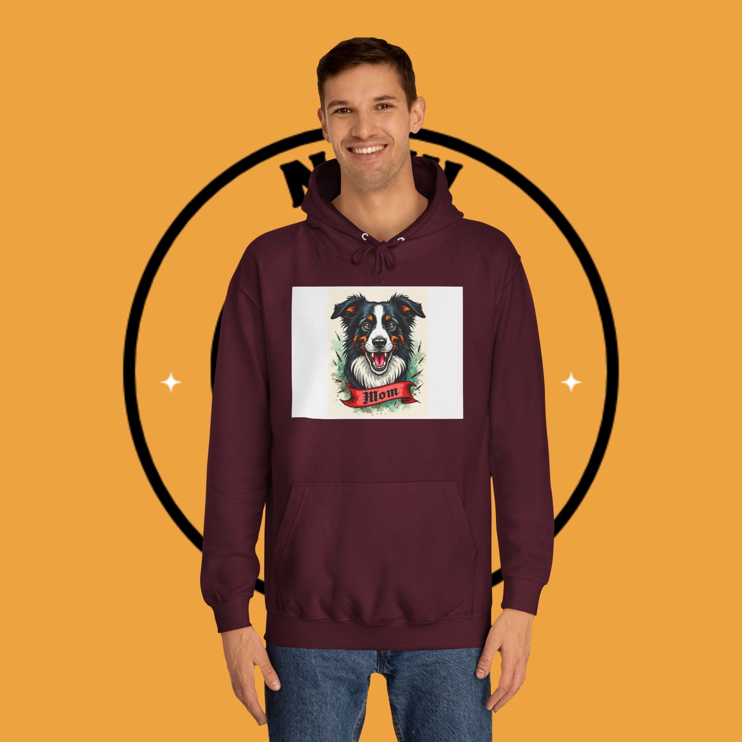 "Border Collie Mom Tattoo Style Hoodie - Vintage Dog Mother Banner Design Sweatshirt | Bold Statement Wear"