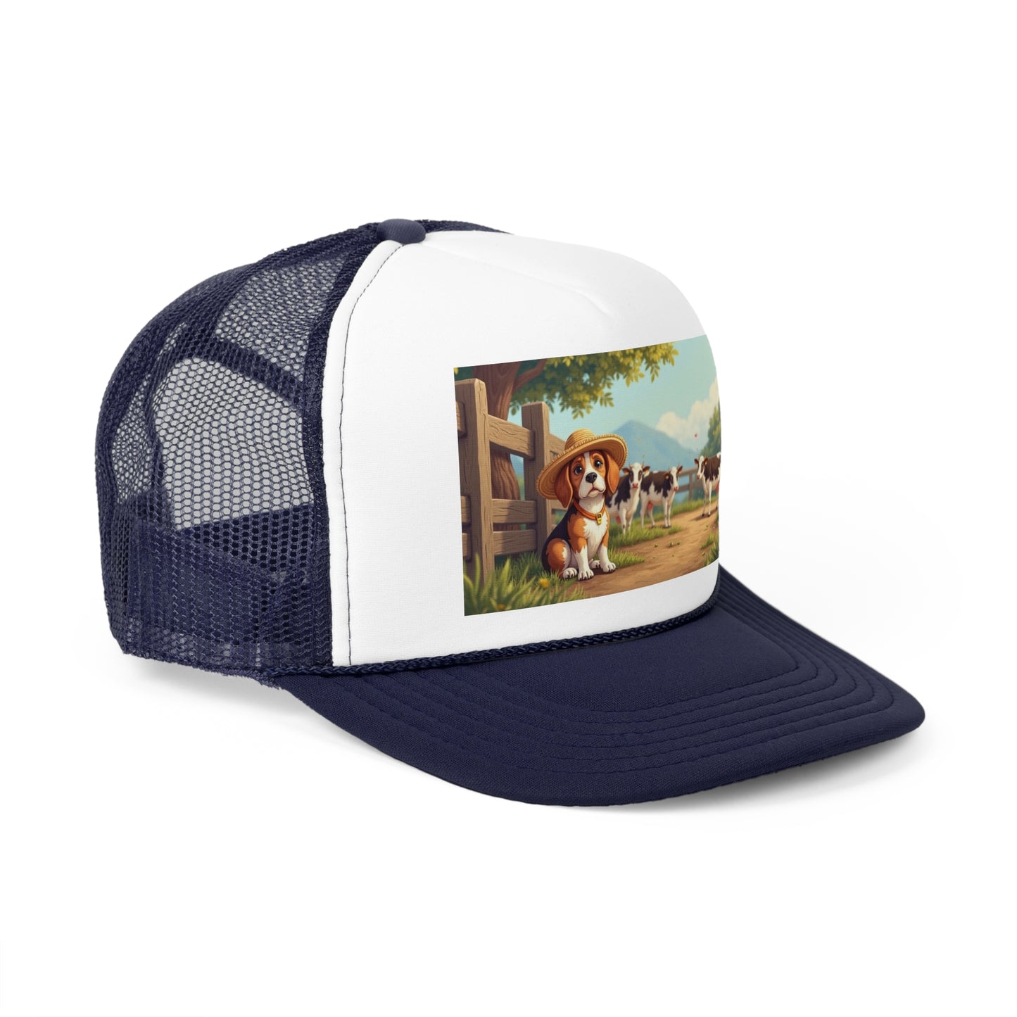 Farm Beagle with Straw Hat and Cows Trucker Hat - Country Dog Lover Cap - Adorable Dog Lover Unisex Cap