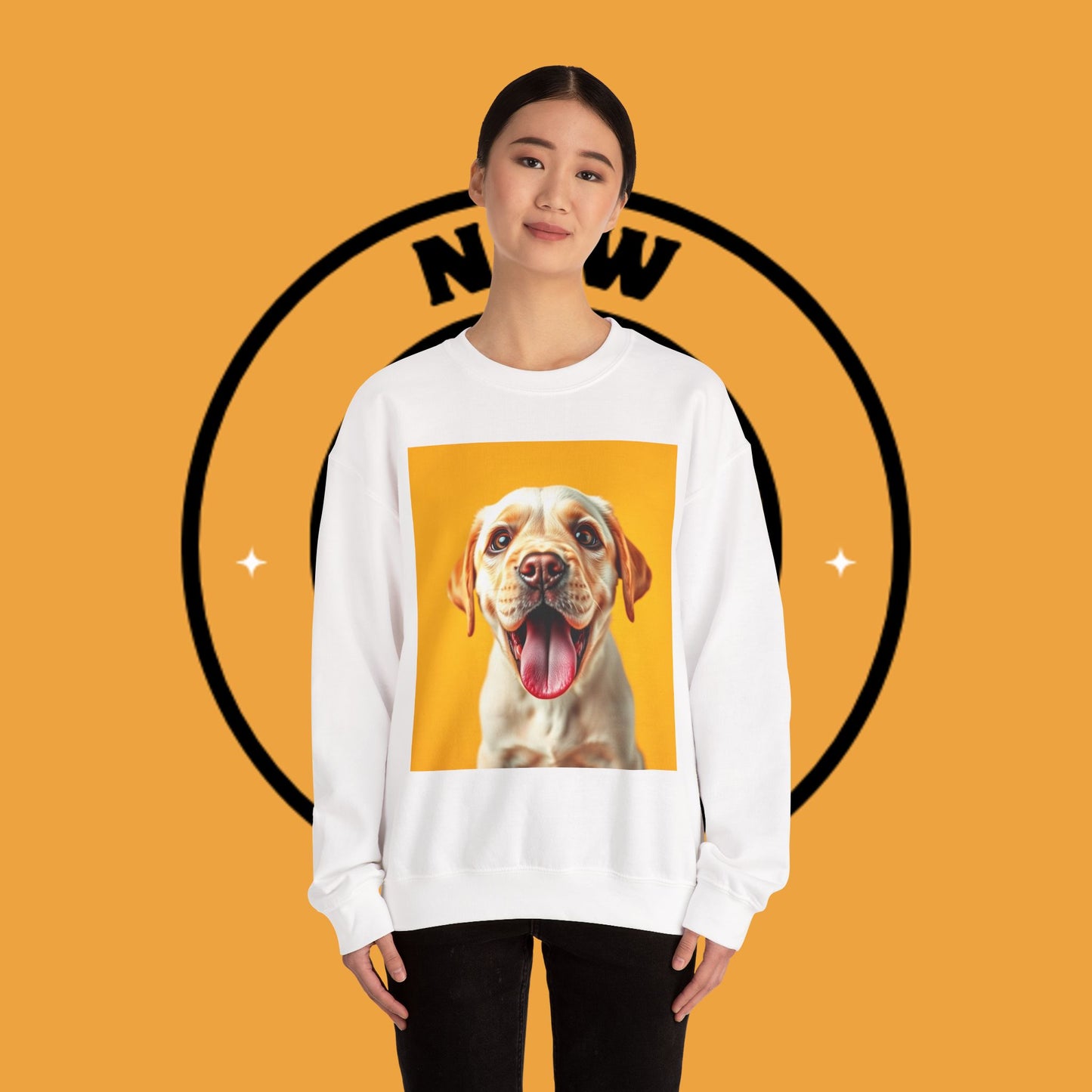 Unisex Dog Lover Crewneck Sweatshirt - Smiling Yellow Lab on vibrant yellow background