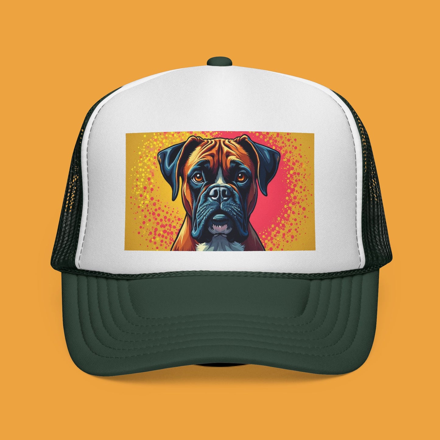 "Pop Art Boxer Dog Trucker Cap - Vibrant Colorful Design | Artistic Snapback Hat | Retro Street Style Baseball Cap for Dog Lovers"