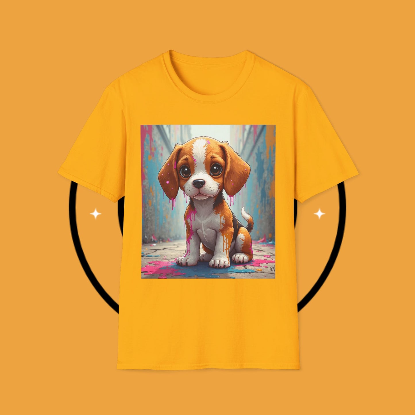 Beagle Street Art T-Shirt - Urban Paint Splatter Dog Design | Artistic Puppy Graffiti Tee for Creative Souls
