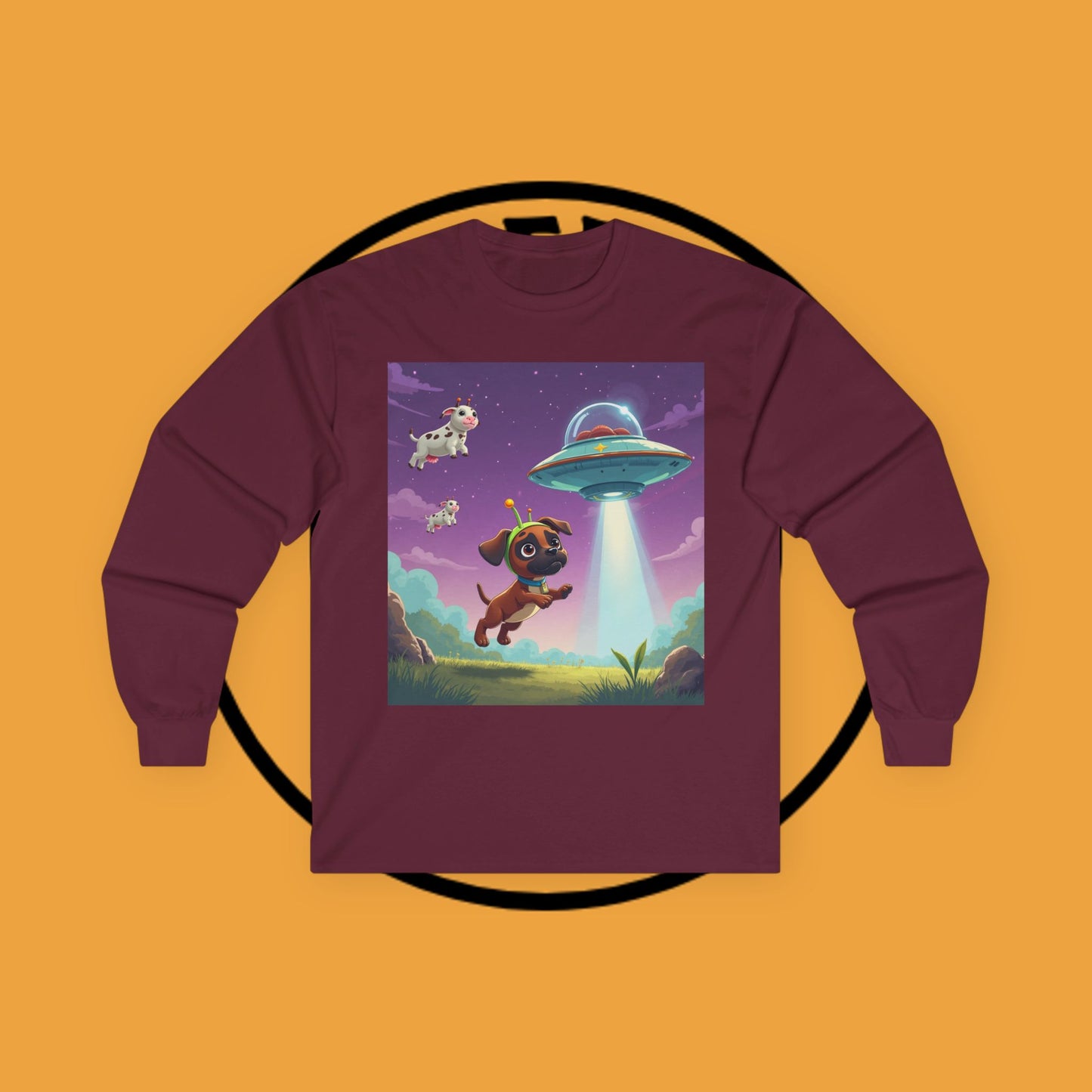Cute Alien UFO Puppy & Flying Cow Long Sleeve Tee - Whimsical Space Adventure Shirt