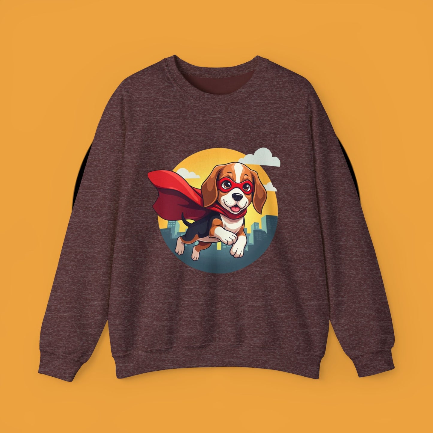 Superhero Dog Crewneck Sweatshirt - Flying Beagle Design with Red Cape and Mask
