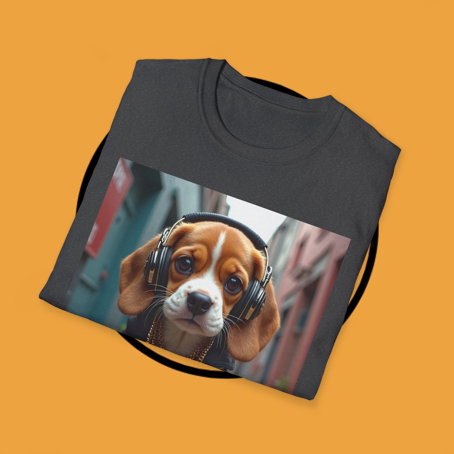 Hip Hop Beagle Dog T-Shirt - Cool Puppy with Headphones & Gold Chains Graphic Tee