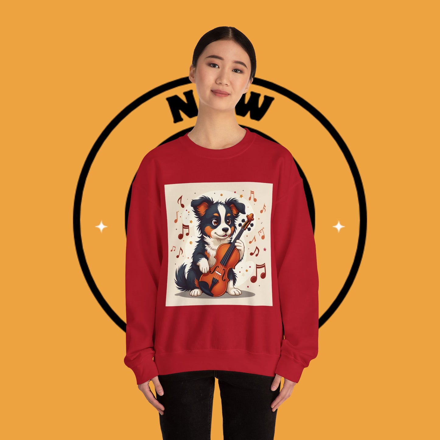Music Dog Crewneck Sweatshirt - Cute Puppy Violinist with Musical Notes Design | Musician Gift
