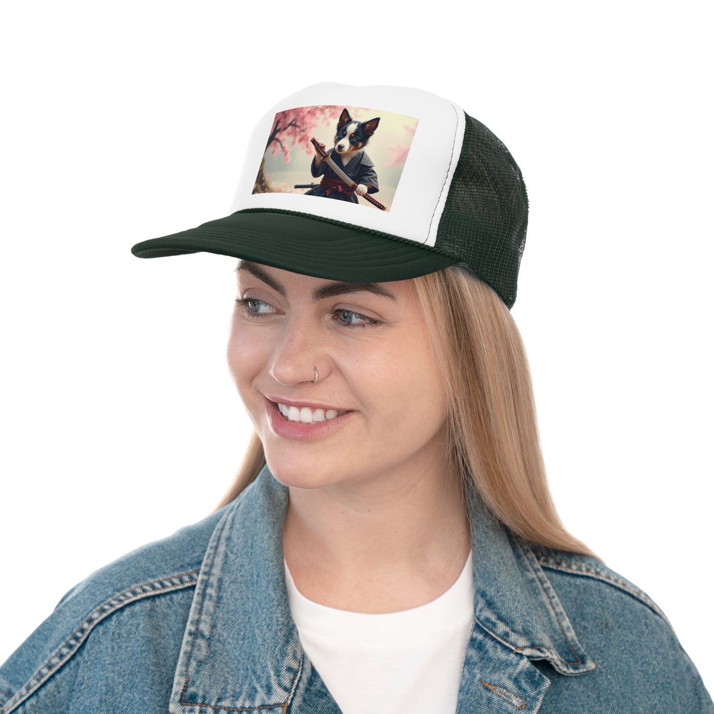 Samurai Puppy Trucker Hat - Japanese Warrior Dog Cap - Cherry Blossom Ninja Baseball Hat