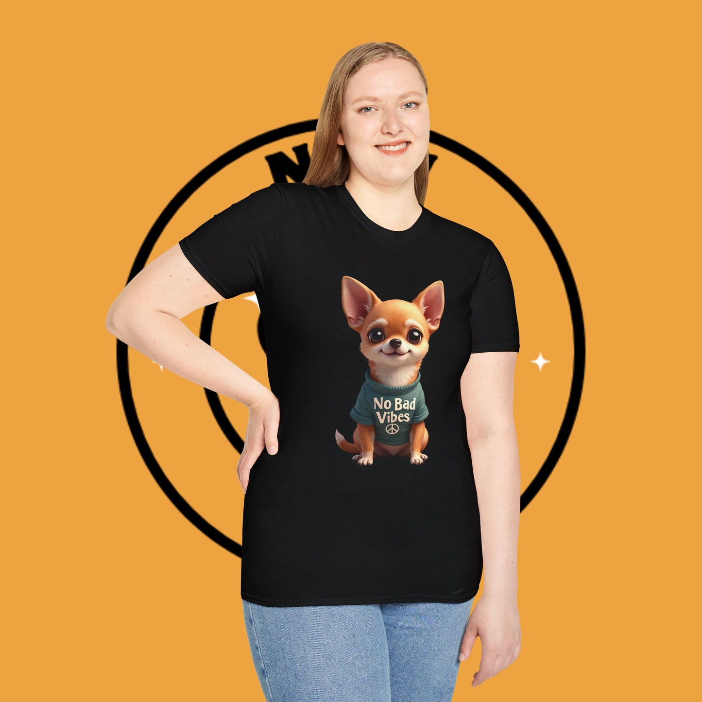 No Bad Vibes Chihuahua T-Shirt - Positive Energy Dog Art - Peace Symbol Pet Tee - Mental Health Wellness Shirt