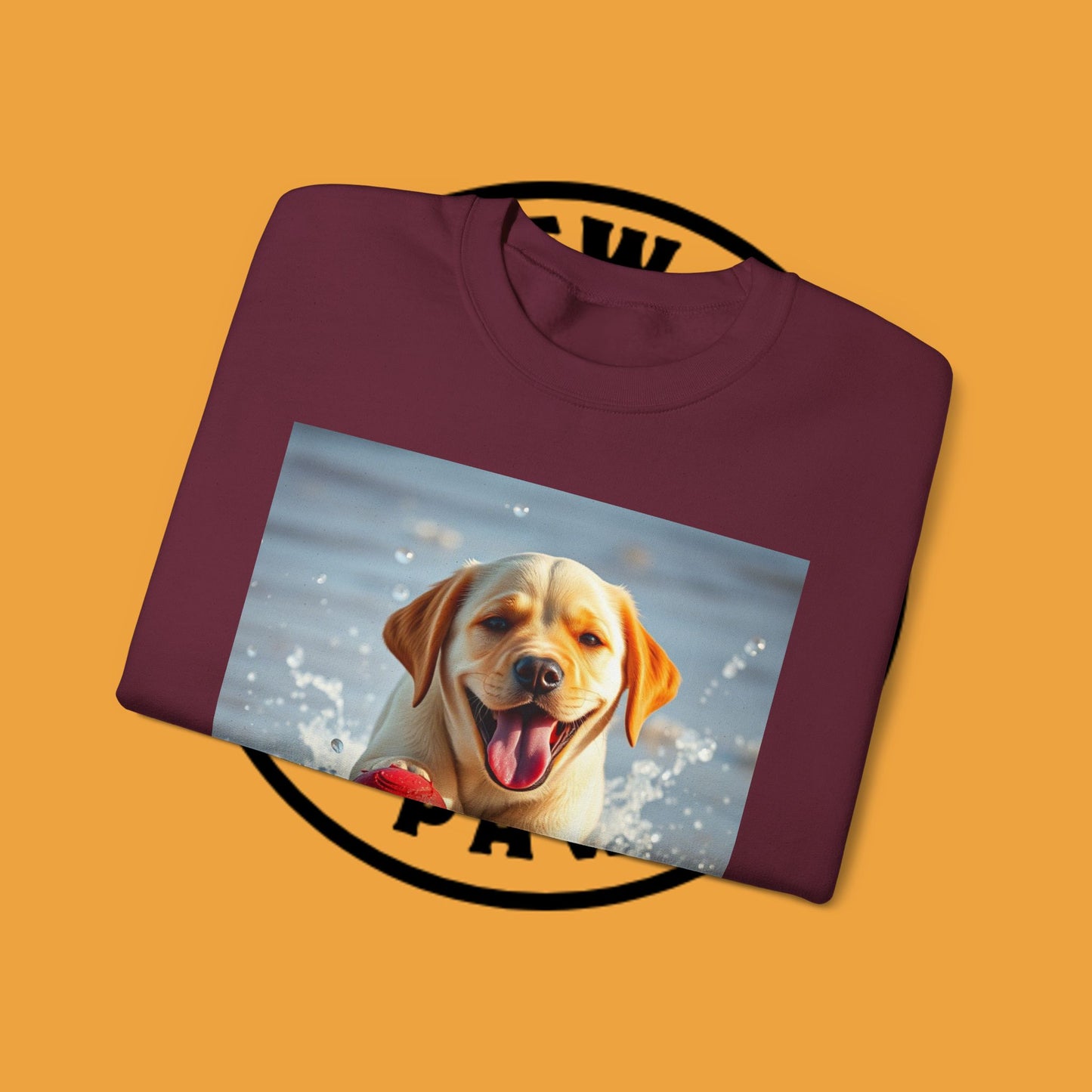 Unisex Dog Lover Crewneck Sweatshirt Labrador Puppy Playing with a Ball on the Beach - Photo of a Happy Dog Running in the Water
