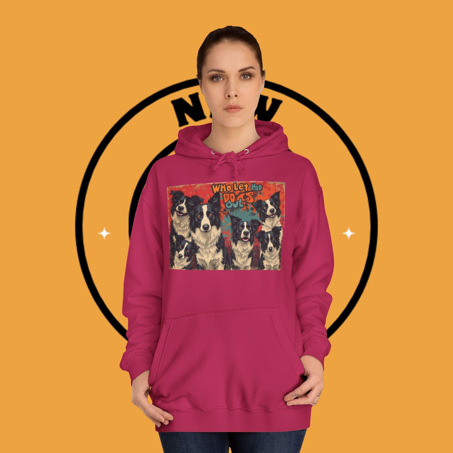 "Who Let the Dogs Out Border Collie Hoodie - Funny 90s Nostalgia Dog Pack Sweatshirt | Retro Music Design"