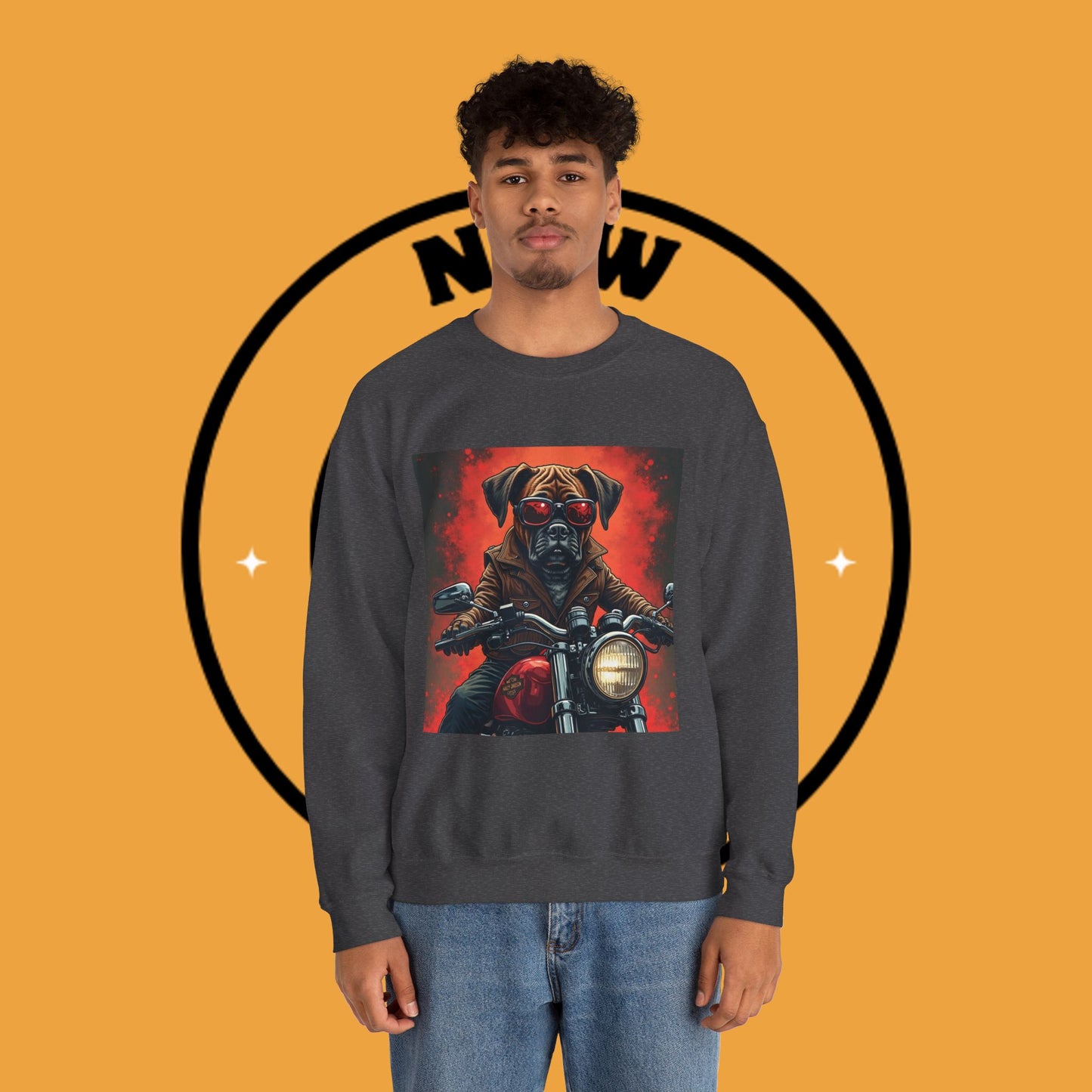 Biker Boxer Dog Crewneck Sweatshirt - Motorcycle Rebel Pup Design - Badass Pet Lover Style