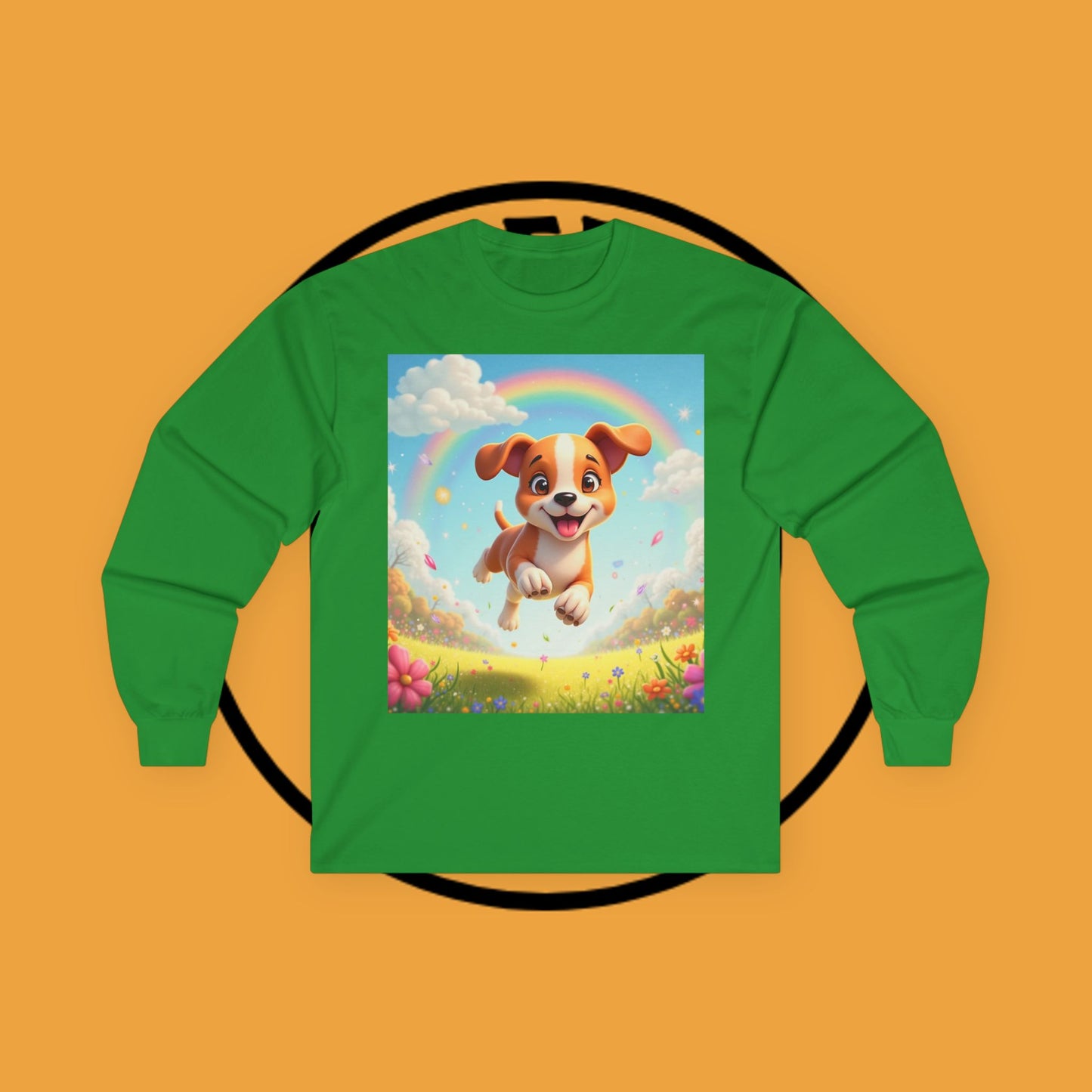 Happy Puppy Rainbow Jumping Spring Flowers Long Sleeve Shirt
