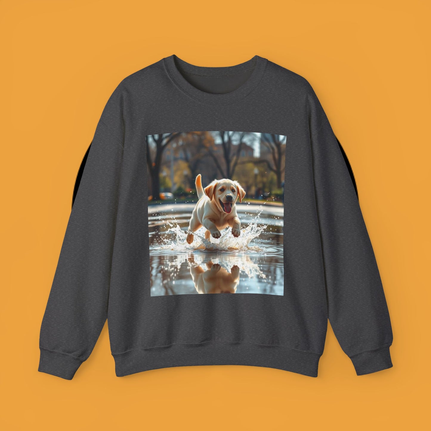 Unisex Dog Lover Crewneck Sweatshirt -Labrador Puppy Running in Water - Happy Dog Splashing in Puddle