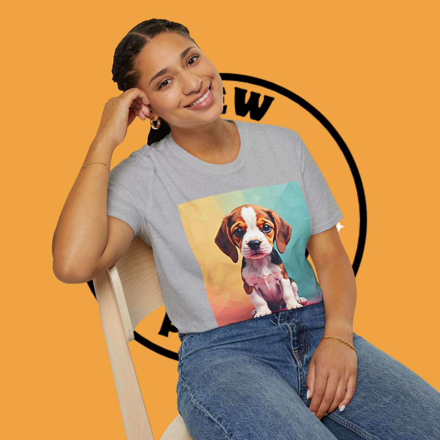 Modern Art Beagle Puppy T-Shirt - Geometric Low Poly Dog Design with Rainbow Background