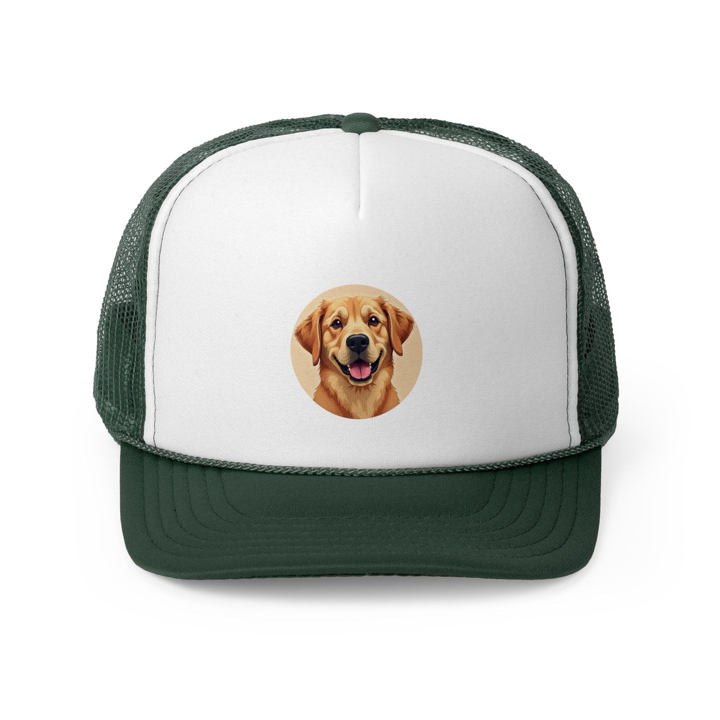 Happy Golden Retriever Trucker Cap - Circular Digital Illustration - Unisex Golden Cheerful Cap