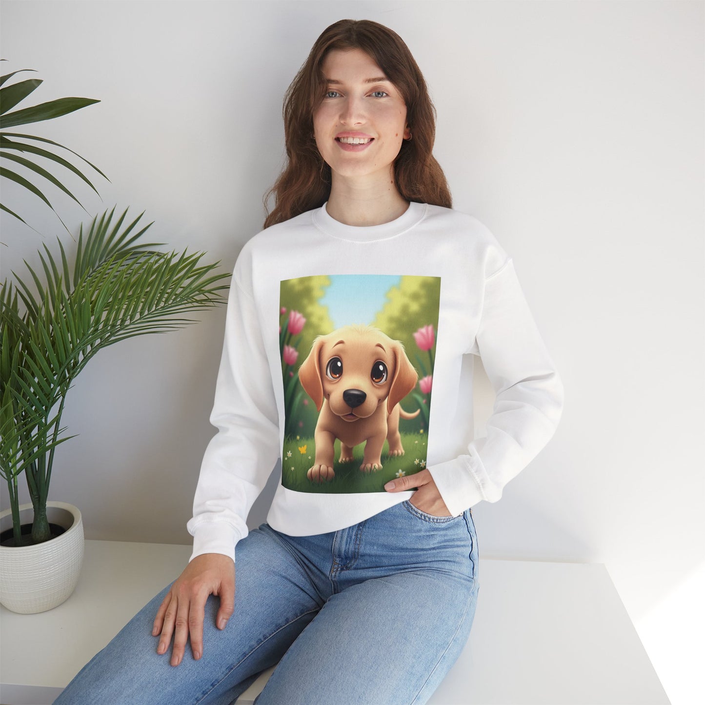 Adorable Golden Retriever Puppy in a Garden with Flowers - Cute Puppy Photo kawaii style
