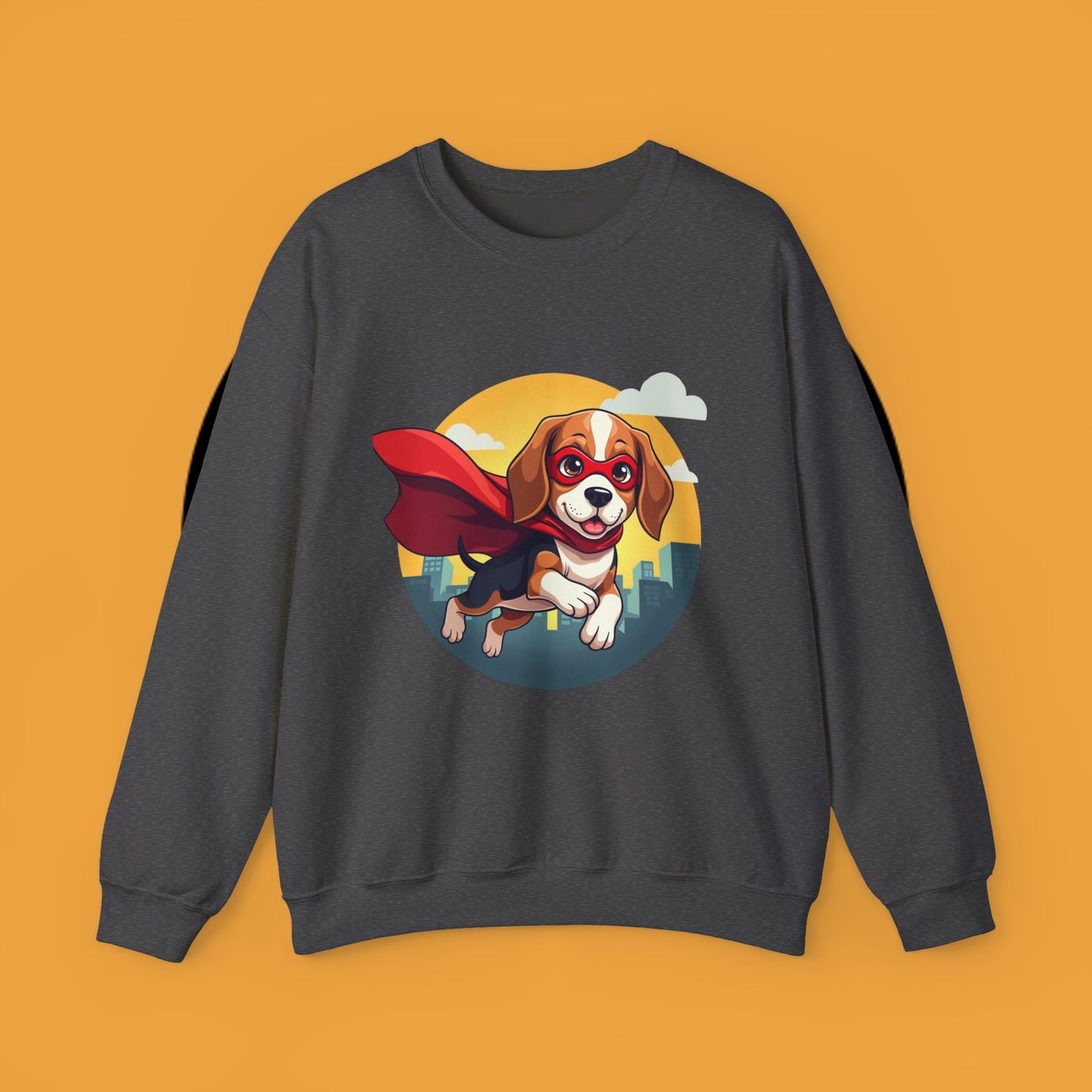 Superhero Dog Crewneck Sweatshirt - Flying Beagle Design with Red Cape and Mask