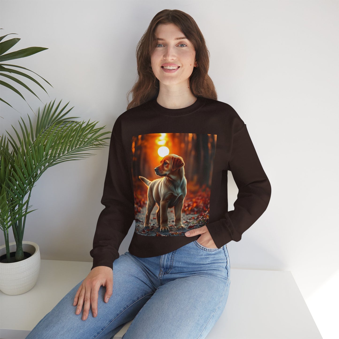 Crewneck Sweatshirt - Labrador Puppy in Autumn Forest with Golden Sunset Light Design