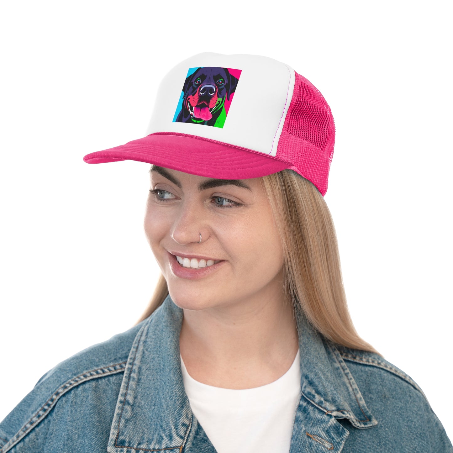 Psychedelic Pop Art Dog Trucker Hat - Vibrant Neon Colors Lab Portrait Cap - Perfect for Pet Lovers