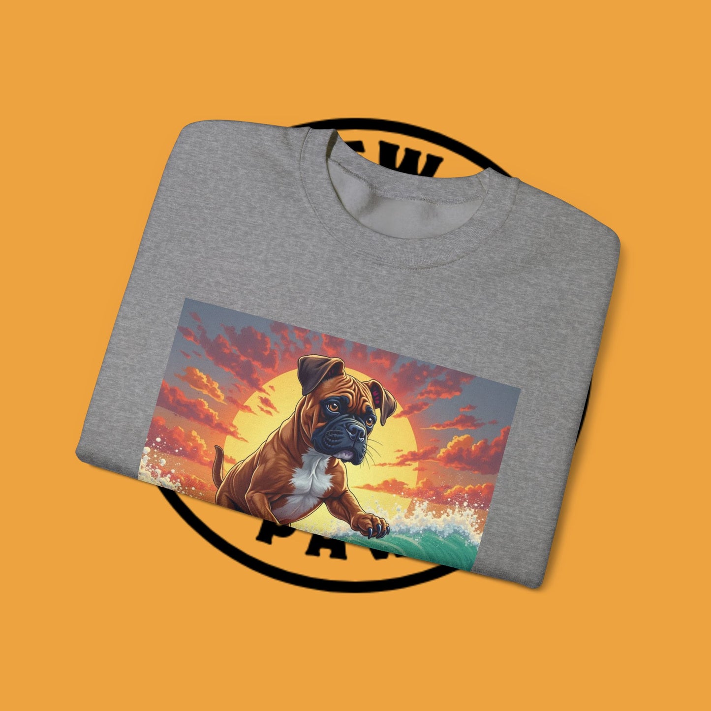 Surfing Boxer Dog Crewneck Sweatshirt | Funny Beach Surfer Gift | Epic Wave Riding Pup Design