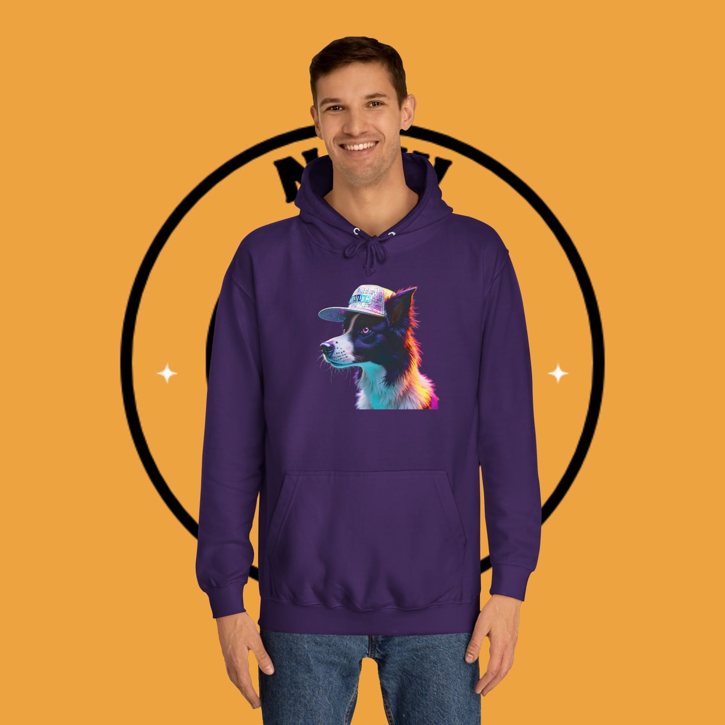 "Neon Rainbow Dog Hoodie - Vibrant Border Collie Street Art Design | Unisex Premium Streetwear"