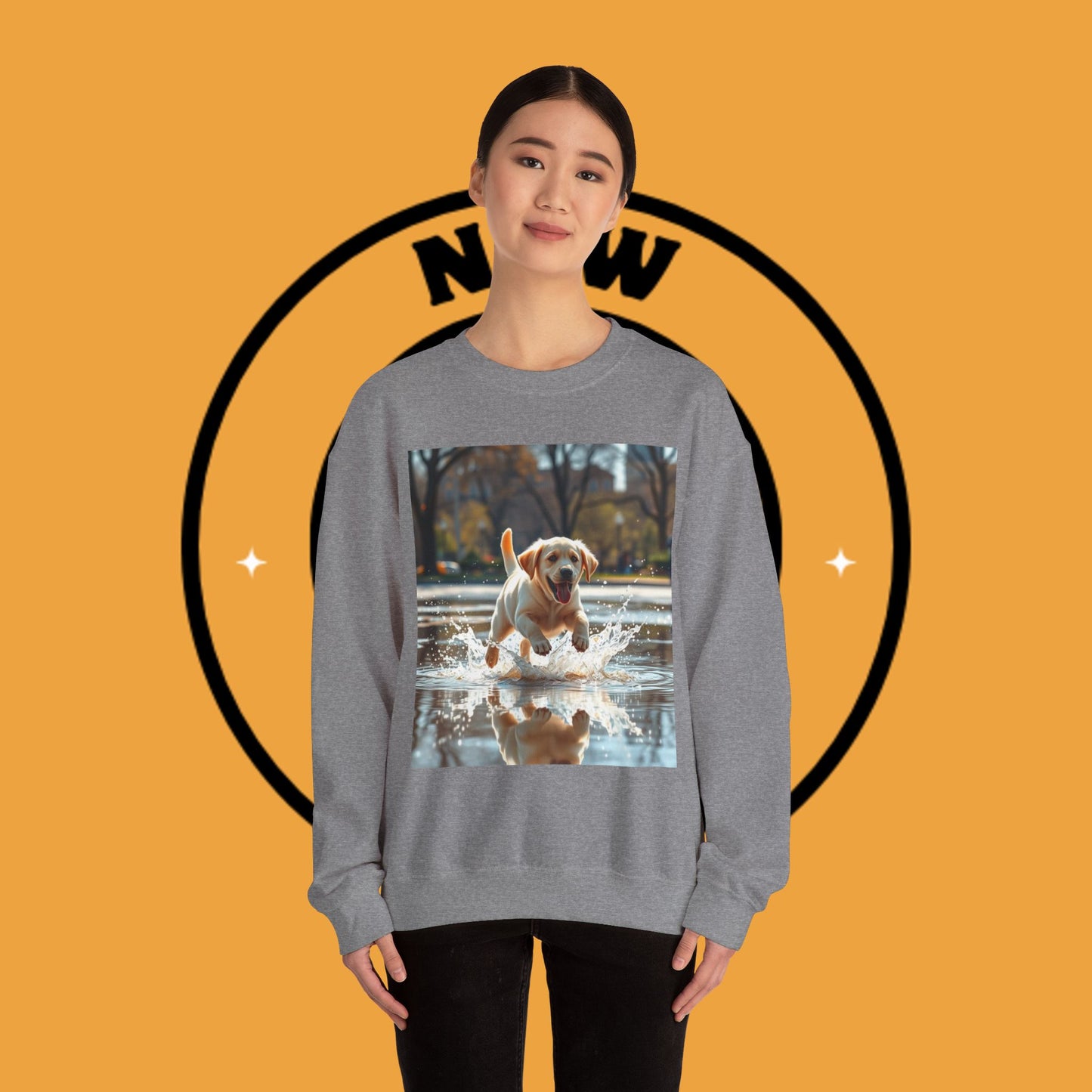 Unisex Dog Lover Crewneck Sweatshirt -Labrador Puppy Running in Water - Happy Dog Splashing in Puddle