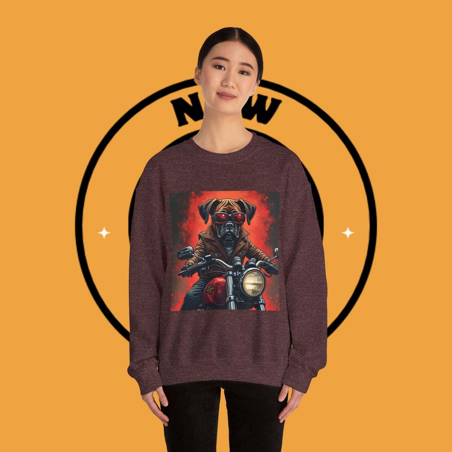 Biker Boxer Dog Crewneck Sweatshirt - Motorcycle Rebel Pup Design - Badass Pet Lover Style