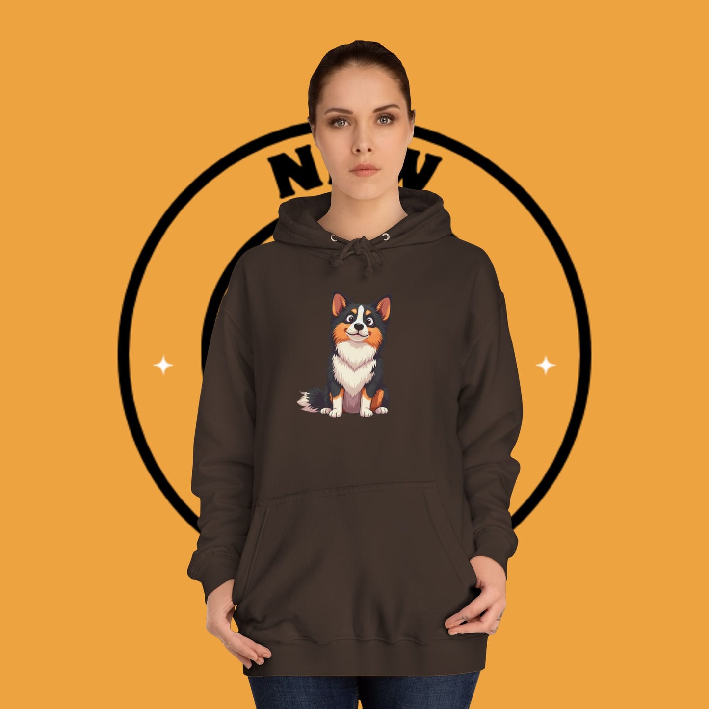 "Cute Tricolor Puppy Hoodie - Adorable Cartoon Dog Design | Kawaii Animal Streetwear for Dog Lovers"