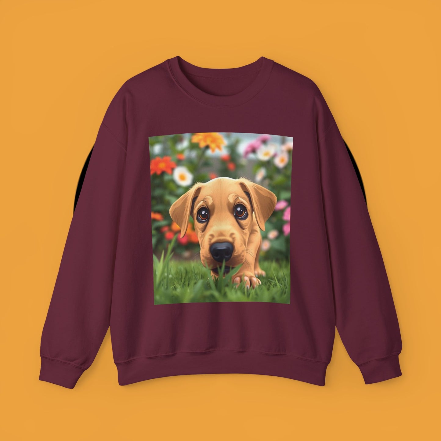Unisex Dog Lover Crewneck Sweatshirt - Cute puppe with big eyes in floral garden
