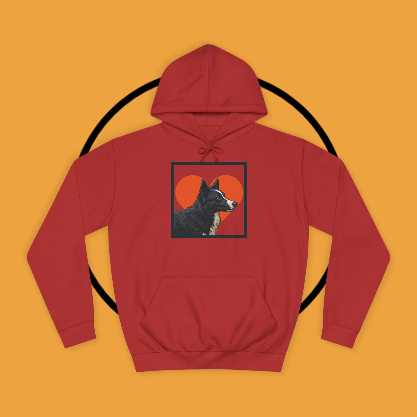 "Black & White Border Collie Portrait Hoodie - Bold Red Heart Background Dog Lover Sweatshirt | Premium Art Design"