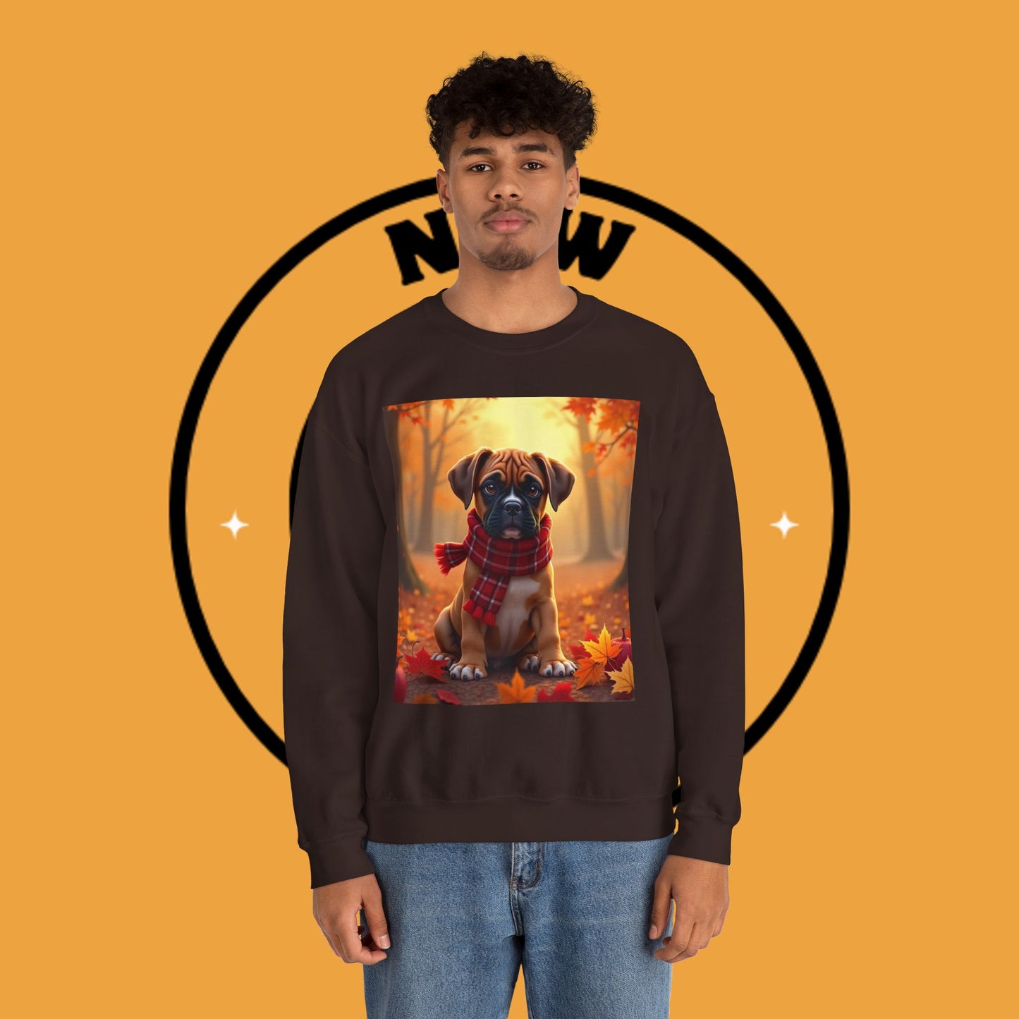 Cute Boxer Puppy Autumn Crewneck Sweatshirt | Fall Dog Lover Gift | Cozy Plaid Scarf Design