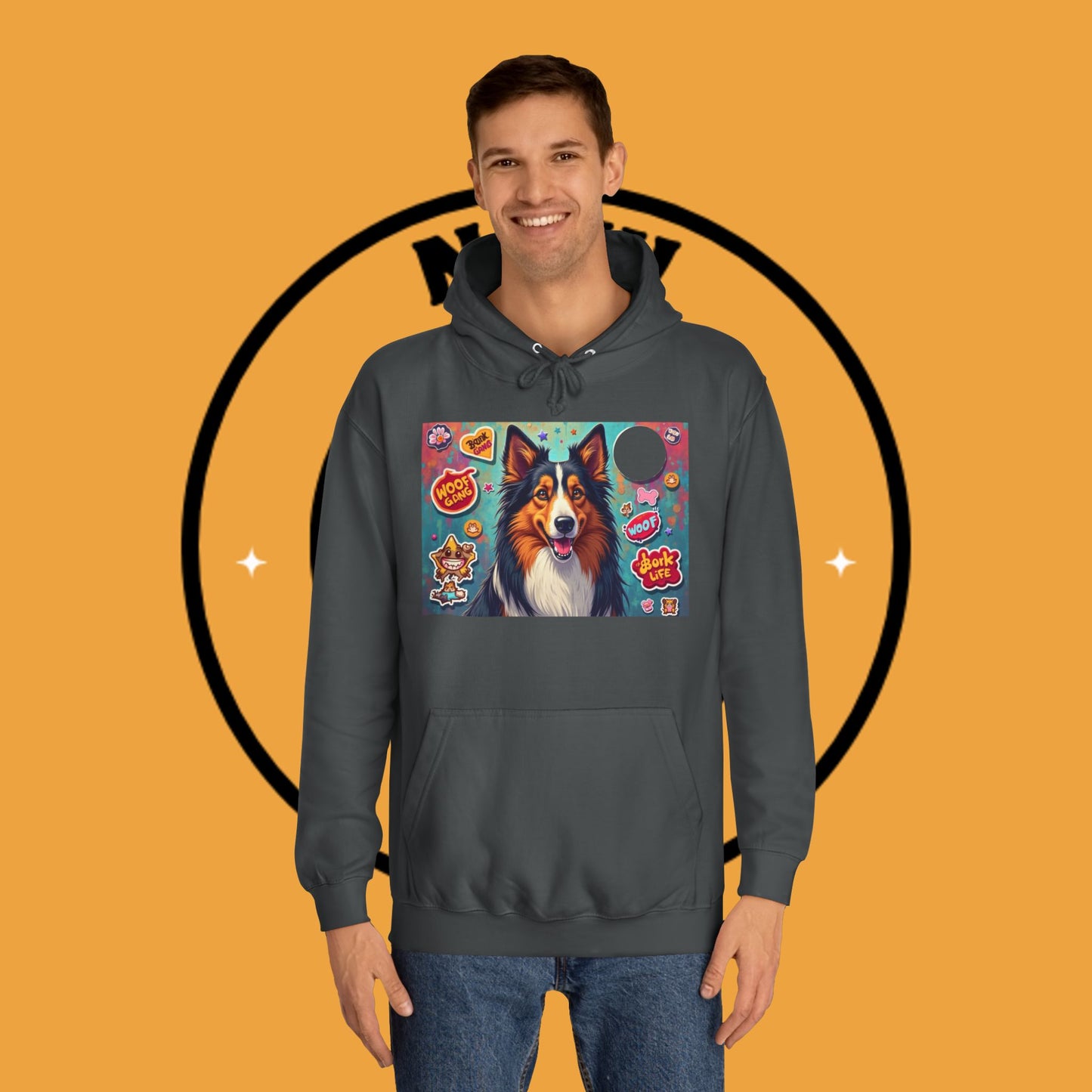 "Dog Sticker Pack Hoodie - Vibrant Collie with Fun Dog Patches Design | Millennial Pet Lover Streetwear"