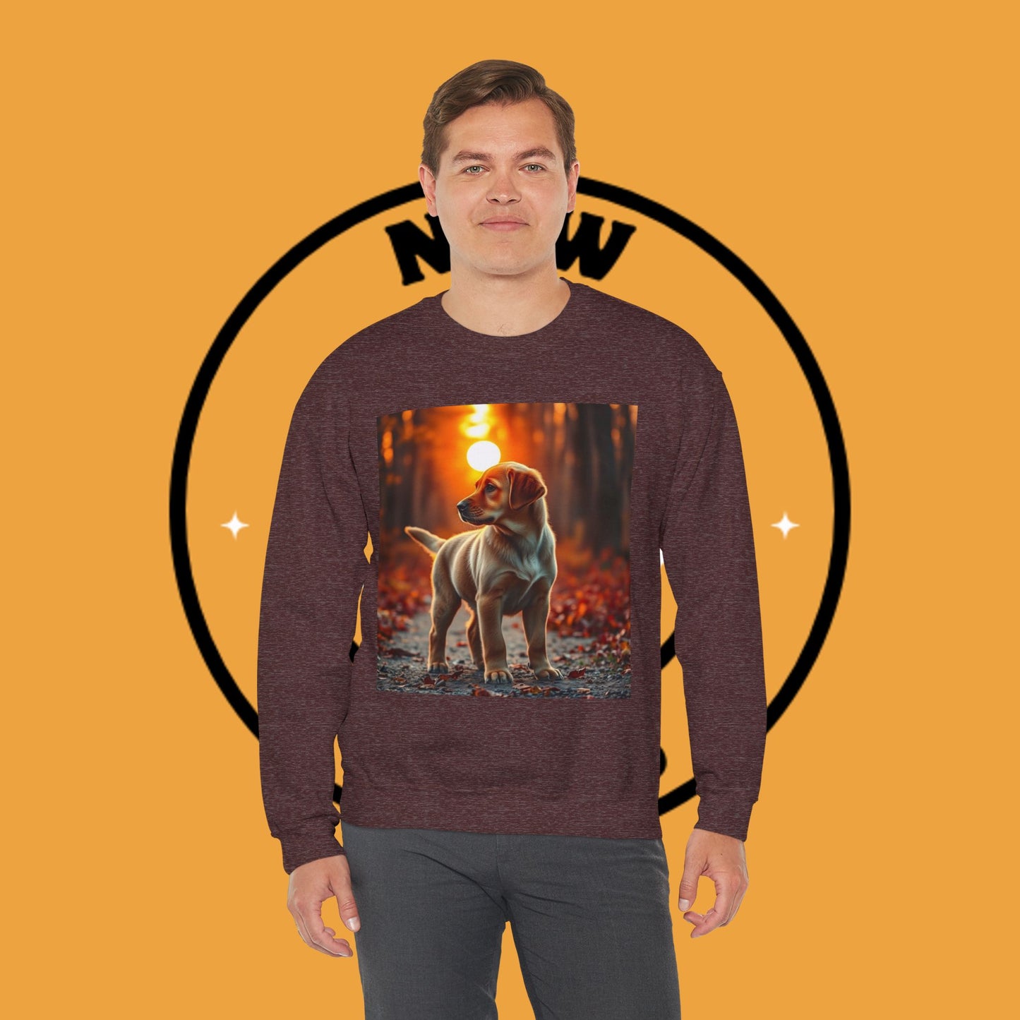 Crewneck Sweatshirt - Labrador Puppy in Autumn Forest with Golden Sunset Light Design