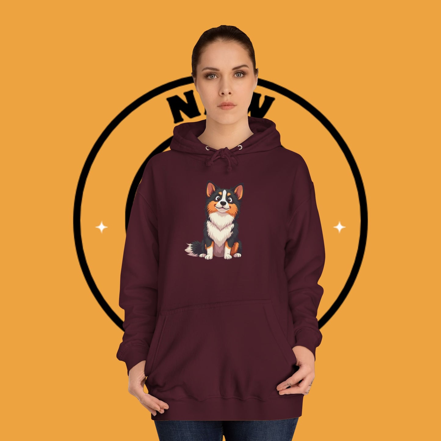"Cute Tricolor Puppy Hoodie - Adorable Cartoon Dog Design | Kawaii Animal Streetwear for Dog Lovers"