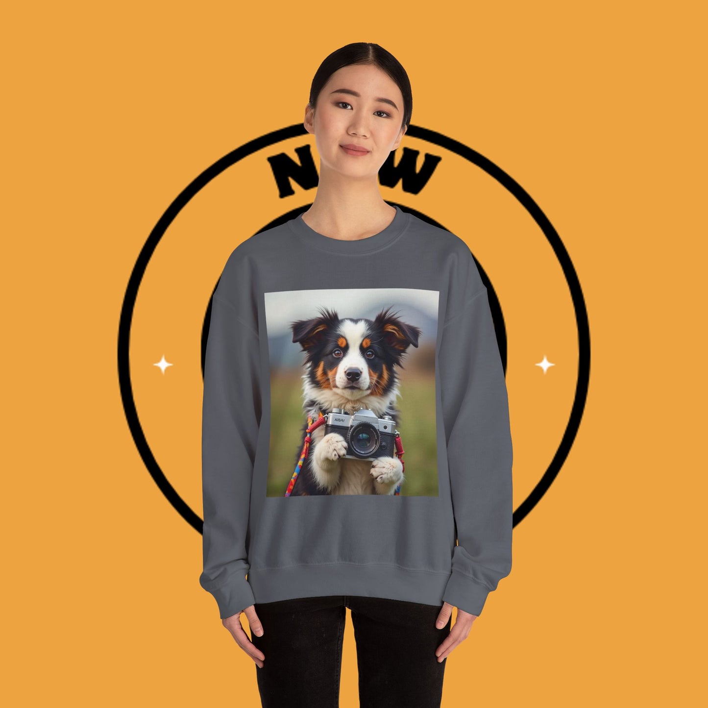 Photographer Dog Crewneck Sweatshirt - Cute Puppy with Vintage Camera Design | Photography Lover Gift