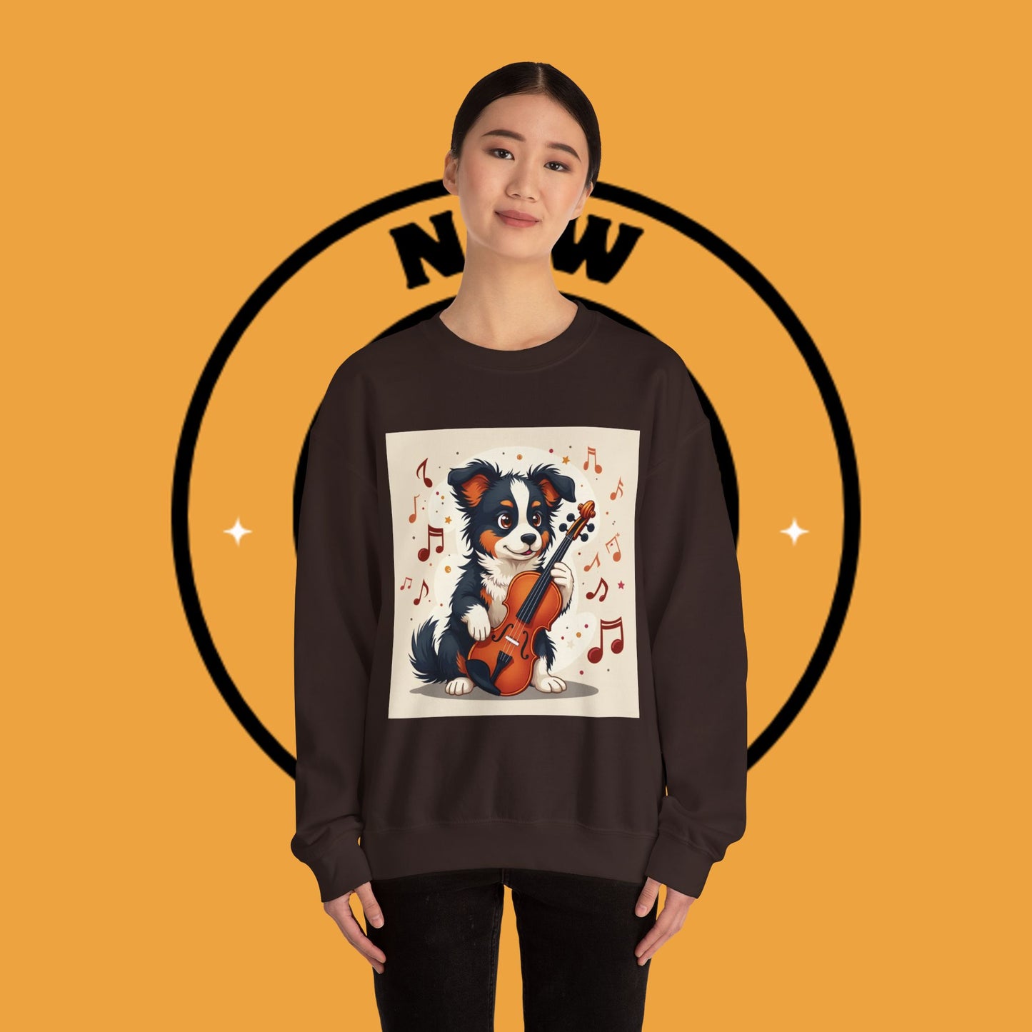 Music Dog Crewneck Sweatshirt - Cute Puppy Violinist with Musical Notes Design | Musician Gift