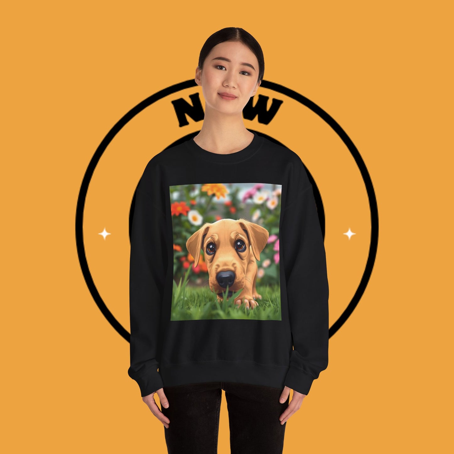 Unisex Dog Lover Crewneck Sweatshirt - Cute puppe with big eyes in floral garden