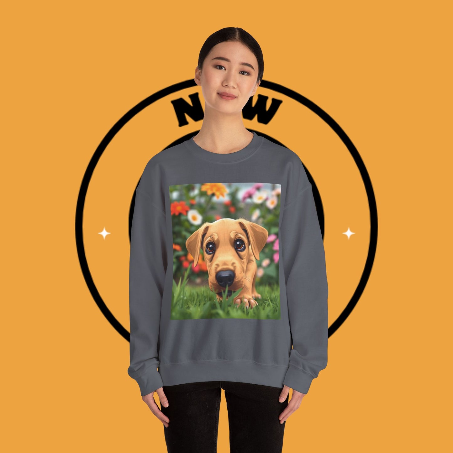 Unisex Dog Lover Crewneck Sweatshirt - Cute puppe with big eyes in floral garden
