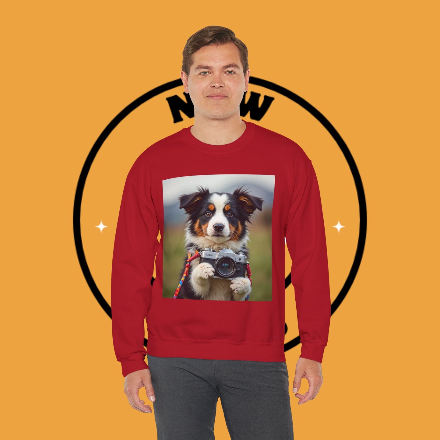 Photographer Dog Crewneck Sweatshirt - Cute Puppy with Vintage Camera Design | Photography Lover Gift