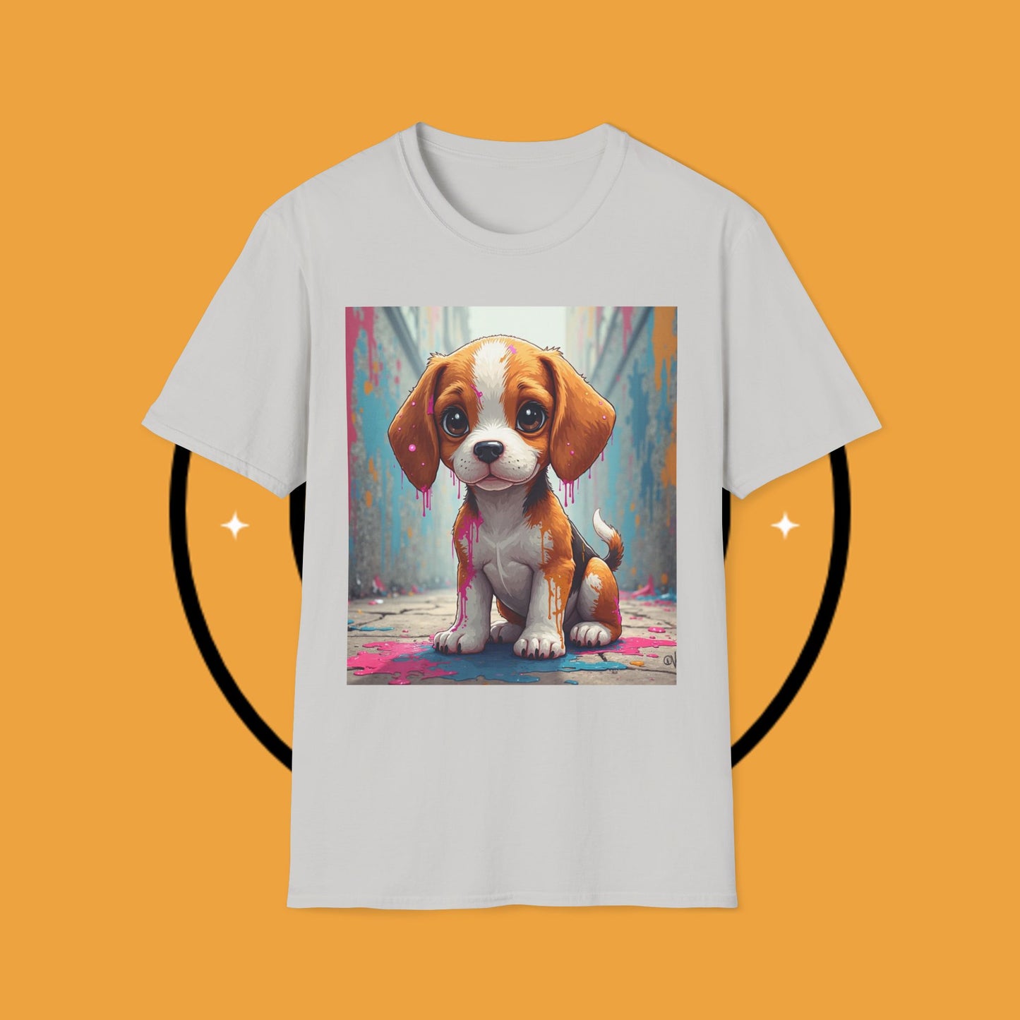 Beagle Street Art T-Shirt - Urban Paint Splatter Dog Design | Artistic Puppy Graffiti Tee for Creative Souls