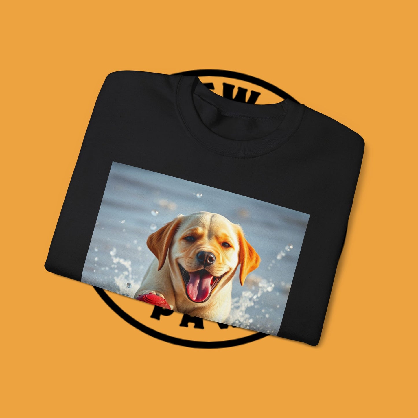 Unisex Dog Lover Crewneck Sweatshirt Labrador Puppy Playing with a Ball on the Beach - Photo of a Happy Dog Running in the Water