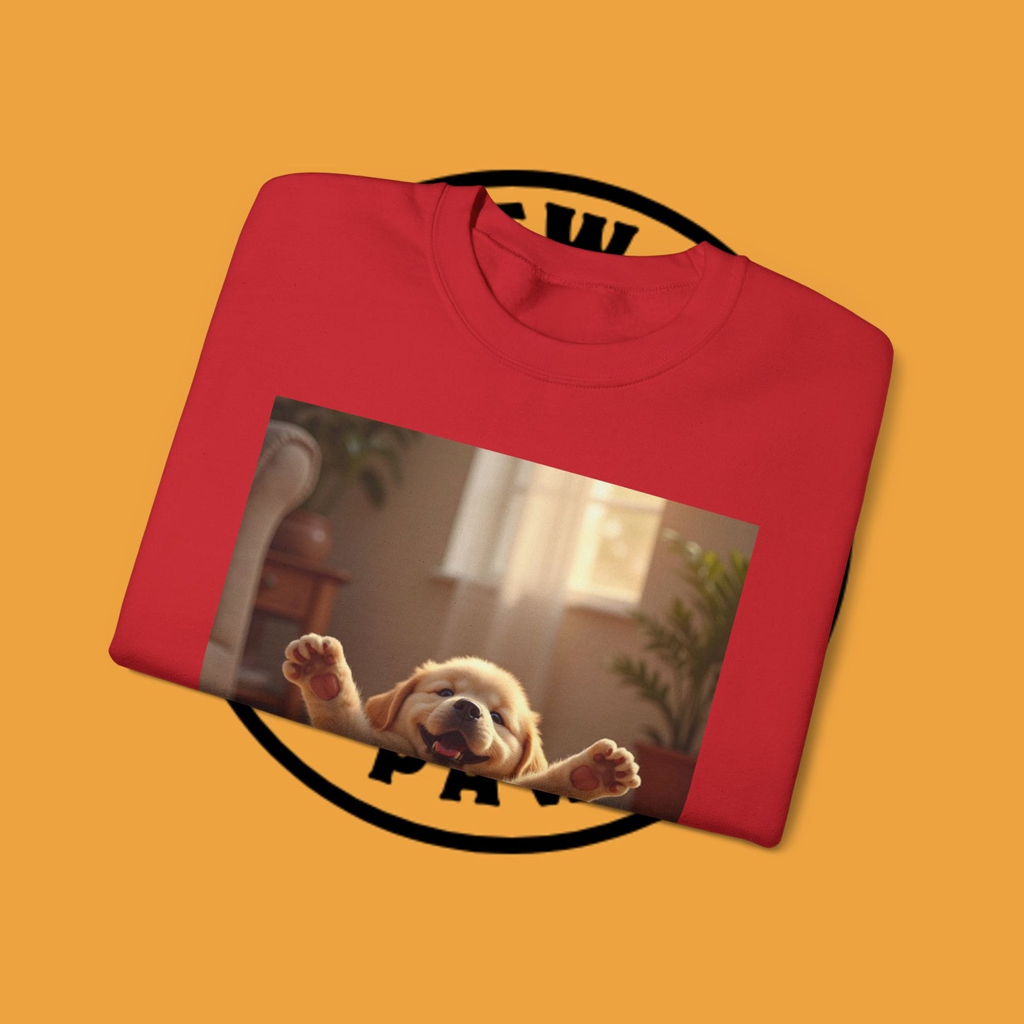 Unisex Dog Lover Crewneck Sweatshirt - Joyful Paws: Yellow Lab Puppy Stretching on Plush Carpet