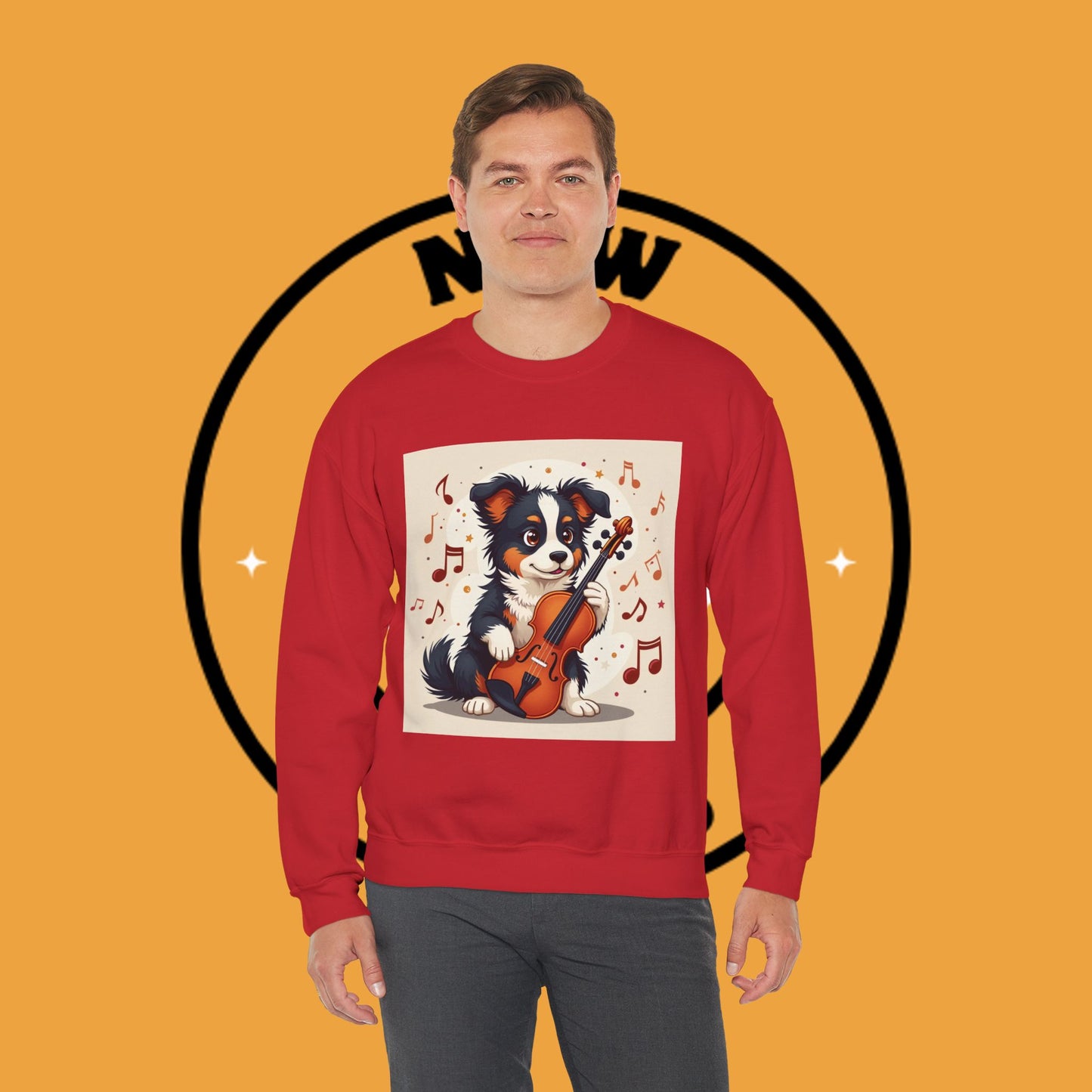 Music Dog Crewneck Sweatshirt - Cute Puppy Violinist with Musical Notes Design | Musician Gift