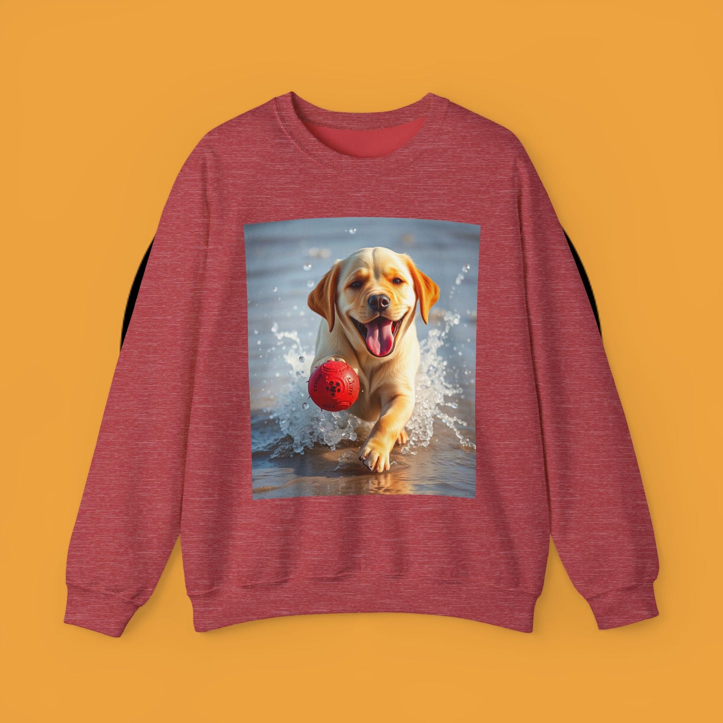 Unisex Dog Lover Crewneck Sweatshirt Labrador Puppy Playing with a Ball on the Beach - Photo of a Happy Dog Running in the Water