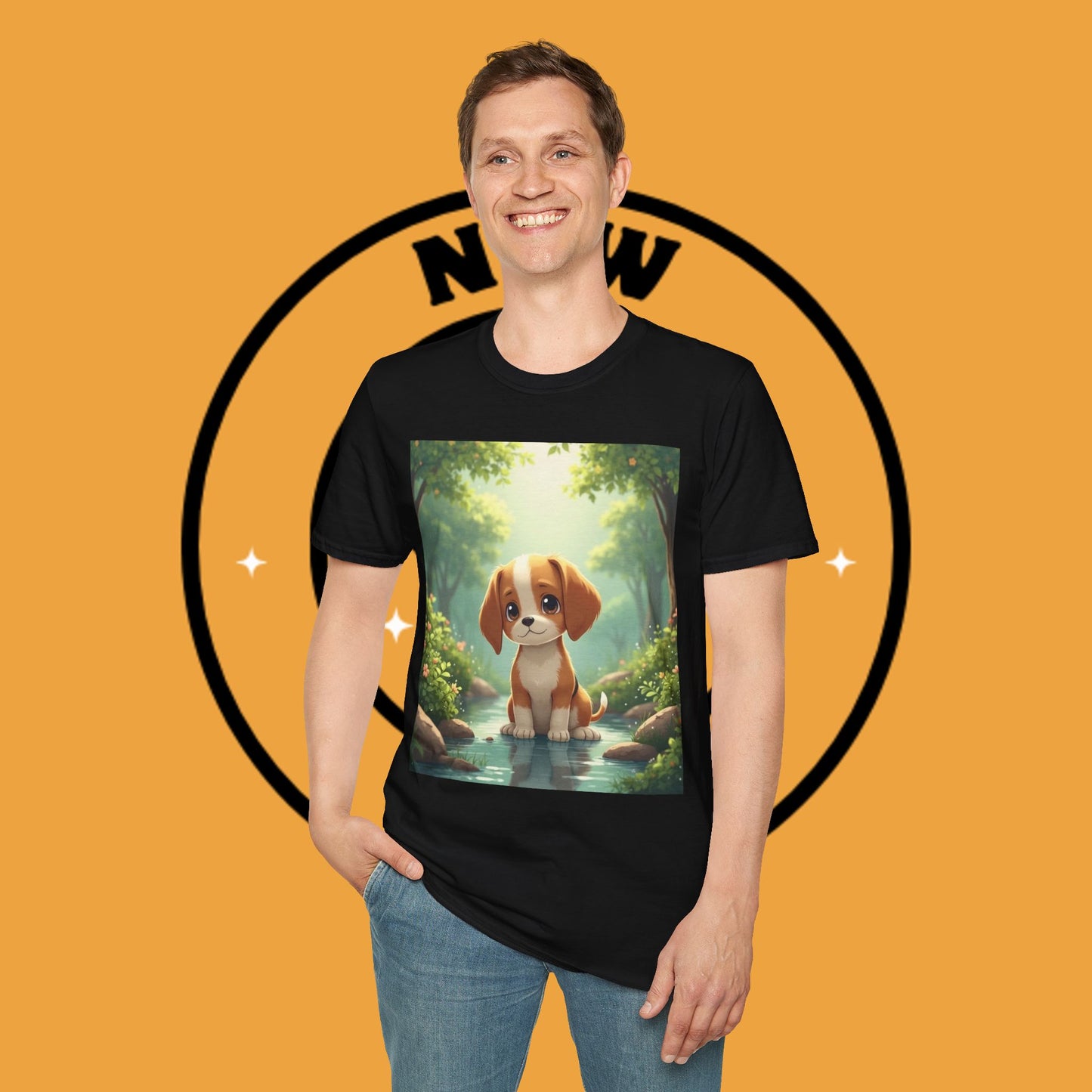 Magical Forest Beagle Puppy T-Shirt - Enchanted Nature Scene with Adorable Dog Design