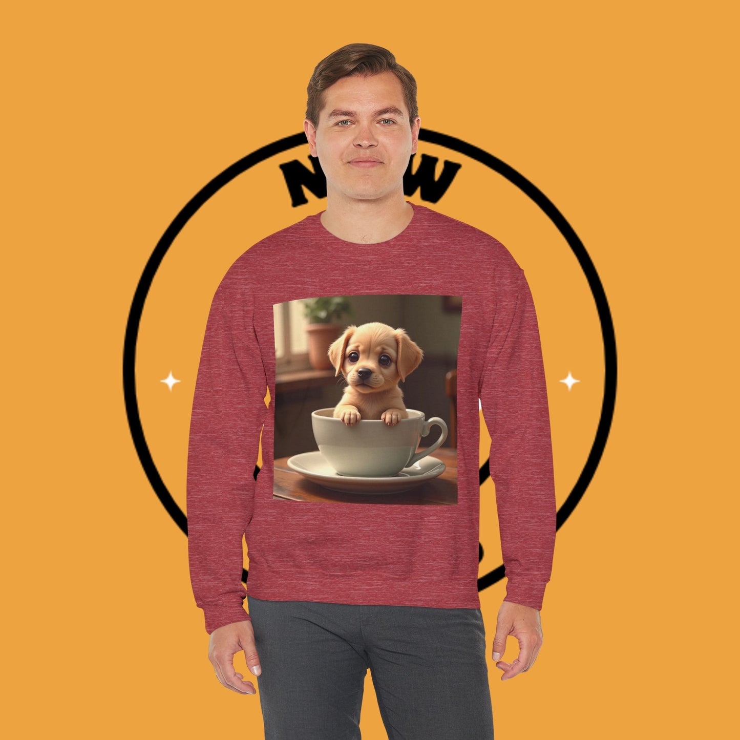 Unisex Dog Lover Crewneck Sweatshirt - Teacup Puppy: Adorable Yellow Lab in Coffee Cup