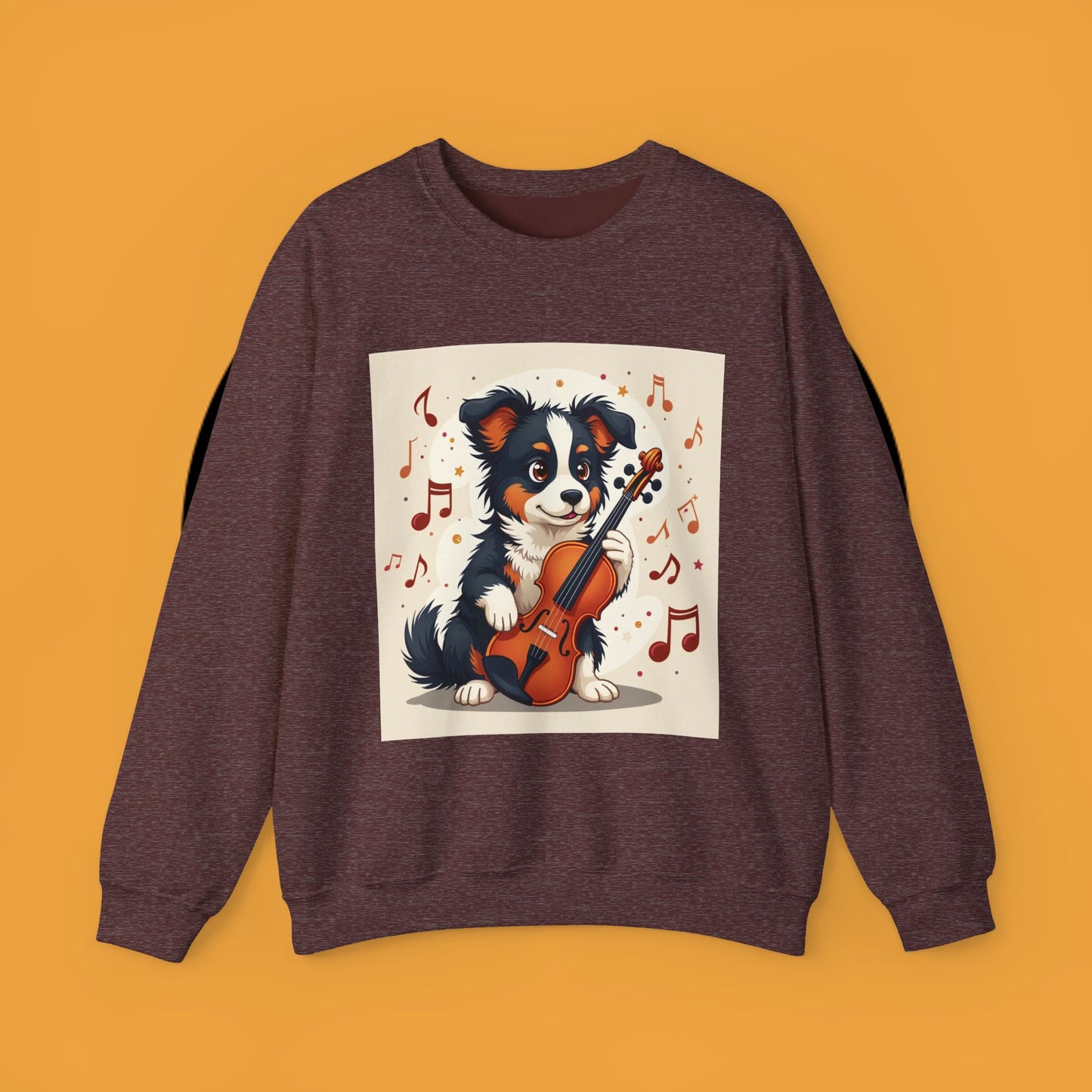 Music Dog Crewneck Sweatshirt - Cute Puppy Violinist with Musical Notes Design | Musician Gift