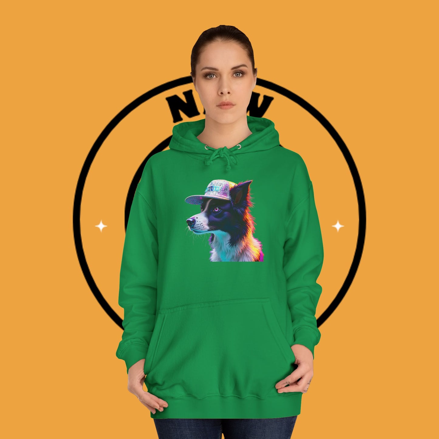 "Neon Rainbow Dog Hoodie - Vibrant Border Collie Street Art Design | Unisex Premium Streetwear"