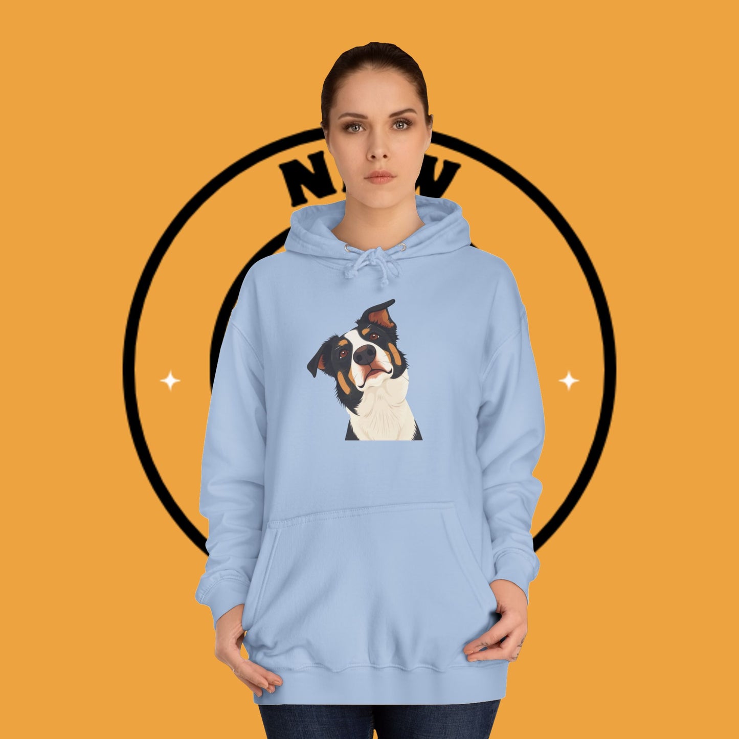 "Happy Border Collie Hoodie - Playful Cartoon Dog with Tilted Head Design | Cute Animal Streetwear"