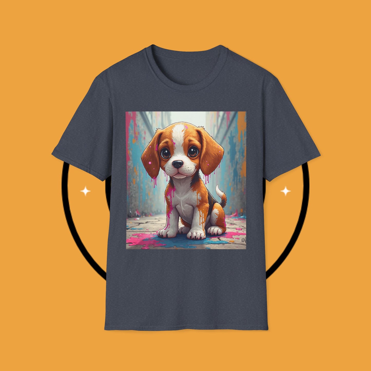 Beagle Street Art T-Shirt - Urban Paint Splatter Dog Design | Artistic Puppy Graffiti Tee for Creative Souls